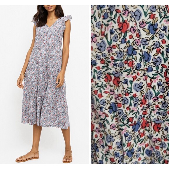 LOFT Dresses & Skirts - Loft Dress Ditsy Floral Flutter Sleeve Midi Cottagecore Tiered Large Pink Blue